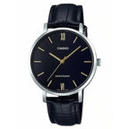 Casio MTP-VT01L-1B férfi karóra, fekete számlap, bőrszíj, 40 mm, WR30, díszdoboz
