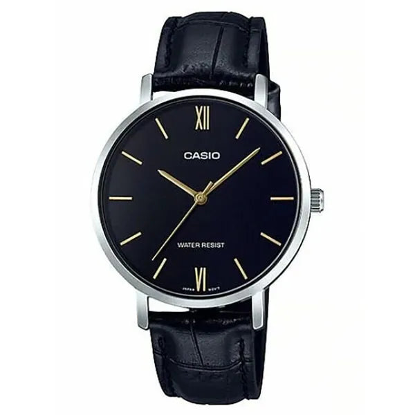 Casio MTP-VT01L-1B férfi karóra, fekete számlap, bőrszíj, 40 mm, WR30, díszdoboz