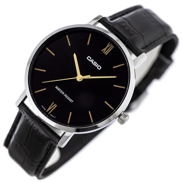 Casio MTP-VT01L-1B férfi karóra, fekete számlap, bőrszíj, 40 mm, WR30, díszdoboz