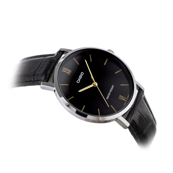 Casio MTP-VT01L-1B férfi karóra, fekete számlap, bőrszíj, 40 mm, WR30, díszdoboz