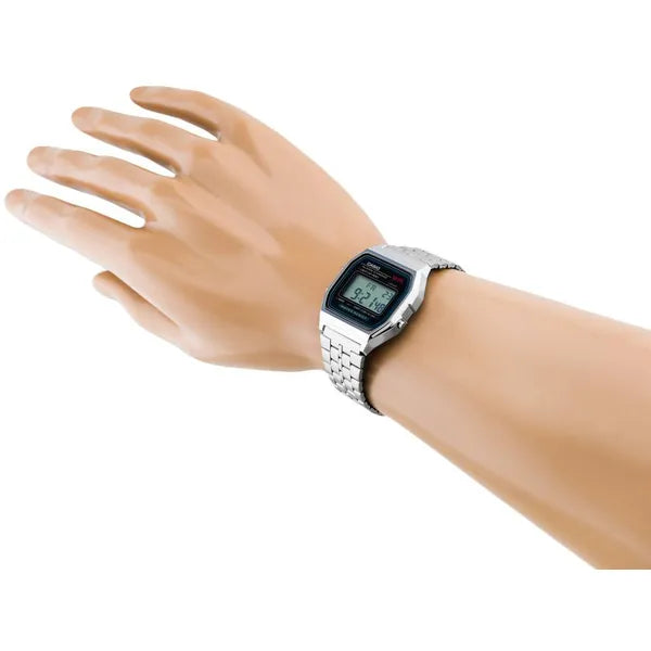Casio A159WA-N1DF férfi kvarc karóra, acél szíj, retro LCD, WR30