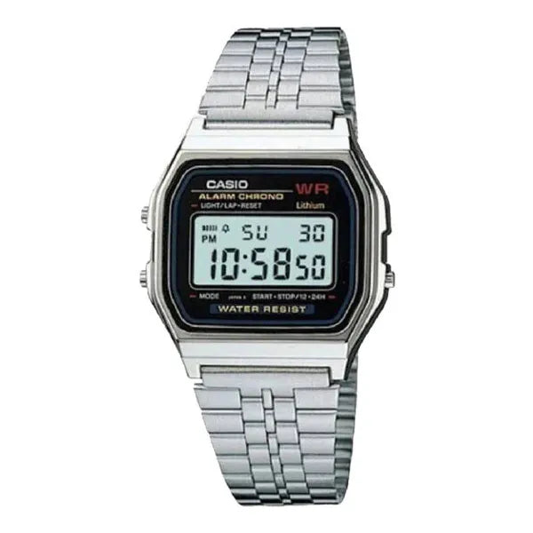 Casio A159WA-N1DF férfi kvarc karóra, acél szíj, retro LCD, WR30