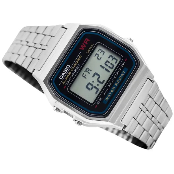 Casio A159WA-N1DF férfi kvarc karóra, acél szíj, retro LCD, WR30