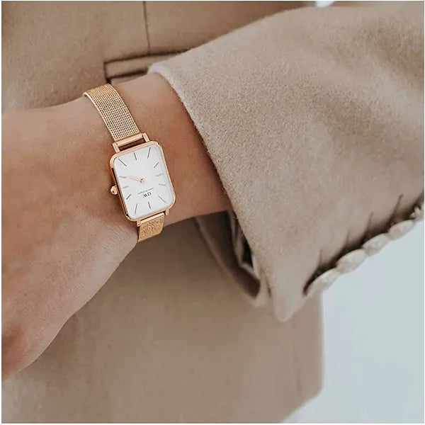 Daniel Wellington Quadro női karóra, 20 mm, téglalap, rózsaarany acél, fehér