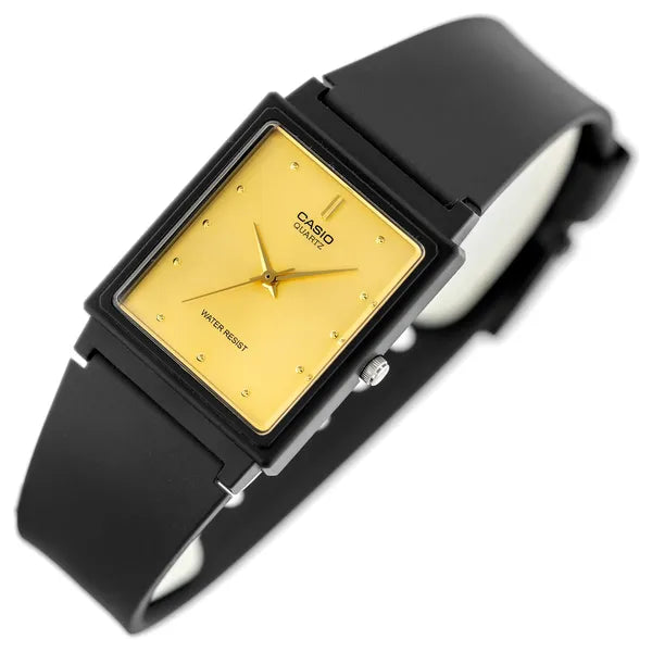 Casio MQ-38UC-9A női kvarc karóra, téglalap, fekete műanyag szíj, arany számlap