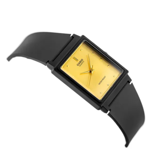 Casio MQ-38UC-9A női kvarc karóra, téglalap, fekete műanyag szíj, arany számlap