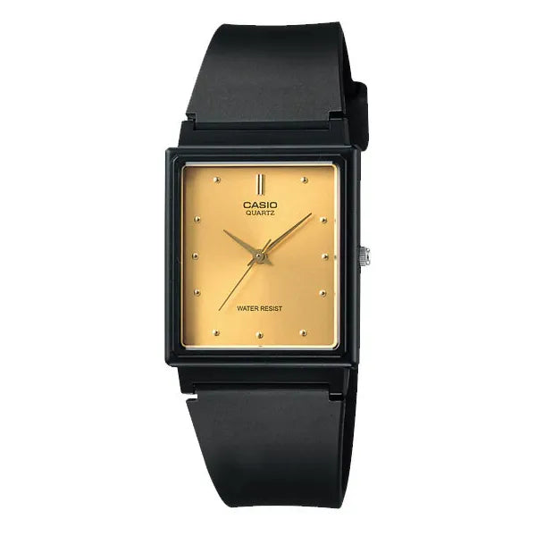 Casio MQ-38UC-9A női kvarc karóra, téglalap, fekete műanyag szíj, arany számlap