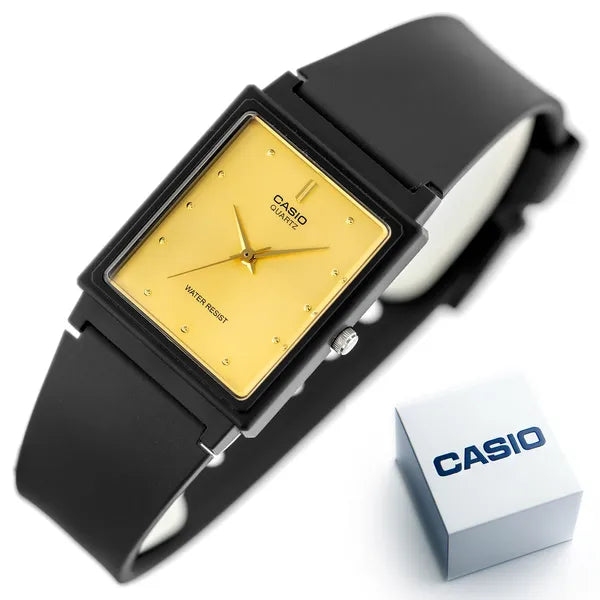 Casio MQ-38UC-9A női kvarc karóra, téglalap, fekete műanyag szíj, arany számlap