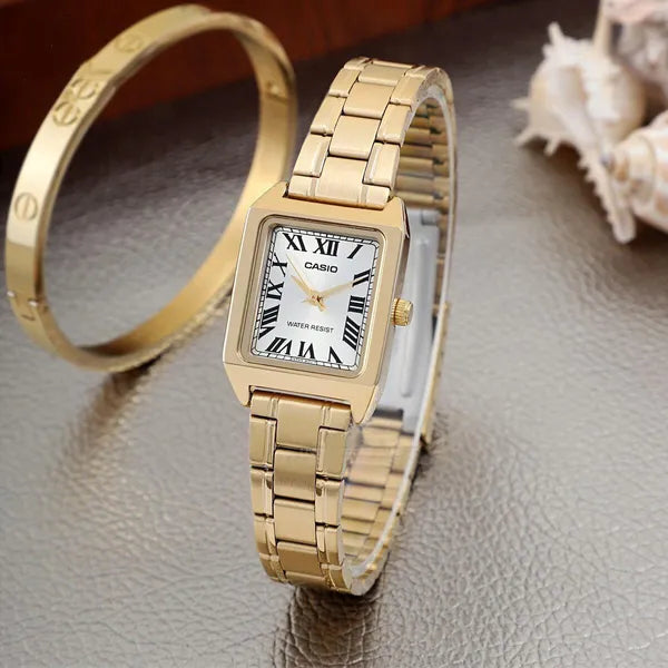 Casio LTP-V007G-9B női karóra, arany, acél, kvarc, téglalap, WR50, 22 mm