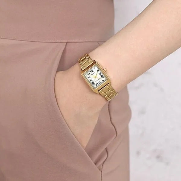 Casio LTP-V007G-9B női karóra, arany, acél, kvarc, téglalap, WR50, 22 mm