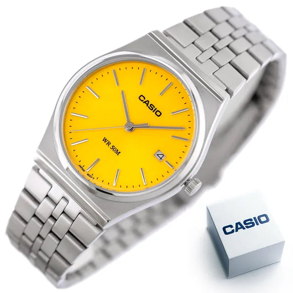 Casio MTP-B145D-9A férfi karóra, 35 mm, narancs számlap, acél szíj, WR50