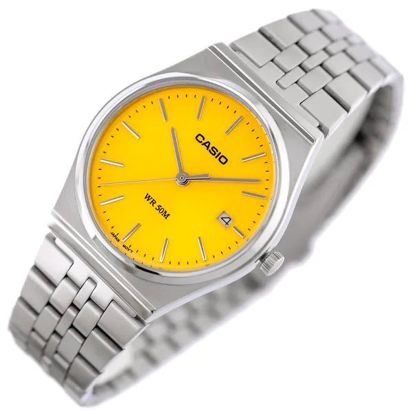 Casio MTP-B145D-9A férfi karóra, 35 mm, narancs számlap, acél szíj, WR50