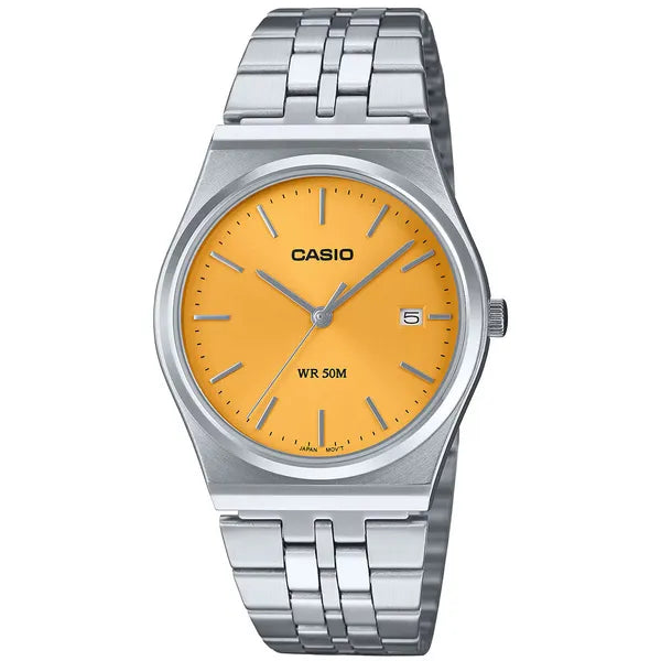 Casio MTP-B145D-9A férfi karóra, 35 mm, narancs számlap, acél szíj, WR50