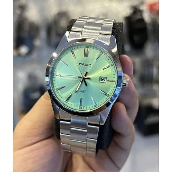 Casio férfi karóra MTP-VD03D-3A2, acél szíj, zöld számlap, WR50
