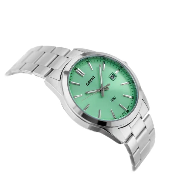 Casio férfi karóra MTP-VD03D-3A2, acél szíj, zöld számlap, WR50