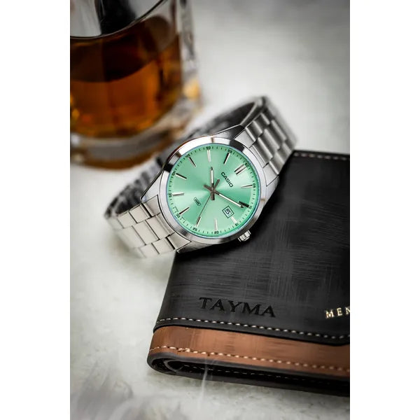 Casio férfi karóra MTP-VD03D-3A2, acél szíj, zöld számlap, WR50