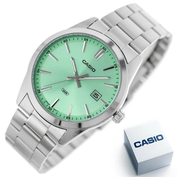 Casio férfi karóra MTP-VD03D-3A2, acél szíj, zöld számlap, WR50