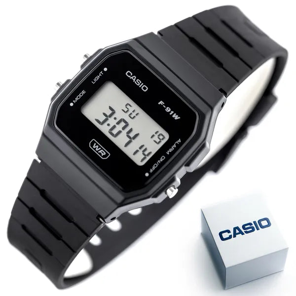 Casio F-91WB-1ADF férfi digitális karóra, WR100, fekete, dobozzal