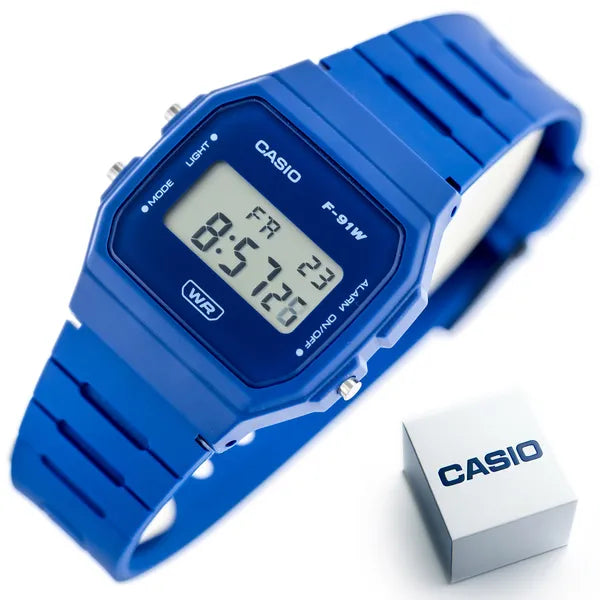 Casio F-91WB-2A1DF férfi digitális karóra, kék, 38 mm, WR100, díszdobozzal