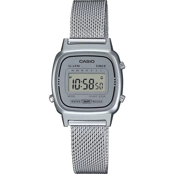 Casio LA670WEM-7DF női digitális karóra, ezüst acél, WR30, dobozzal