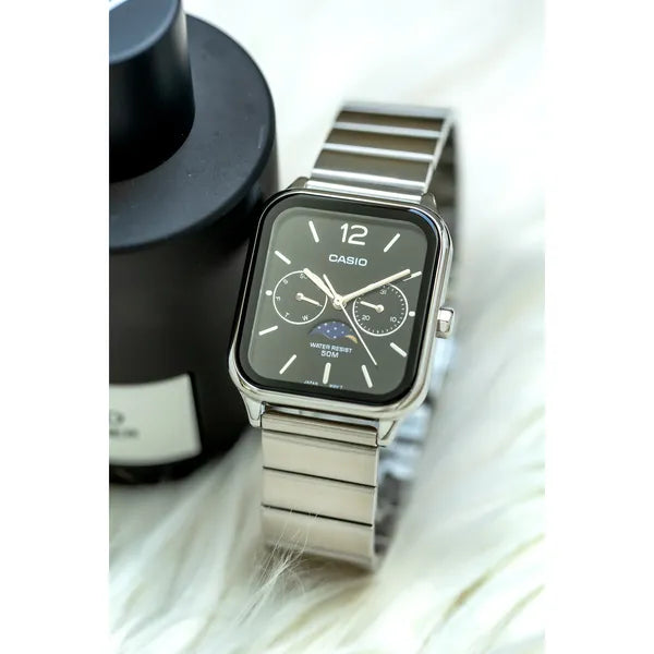 Casio MTP-M305D-1A férfi karóra, acél szíj, fekete számlap, WR50, holdfázis