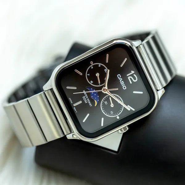 Casio MTP-M305D-1A férfi karóra, acél szíj, fekete számlap, WR50, holdfázis