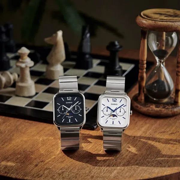 Casio MTP-M305D-1A férfi karóra, acél szíj, fekete számlap, WR50, holdfázis