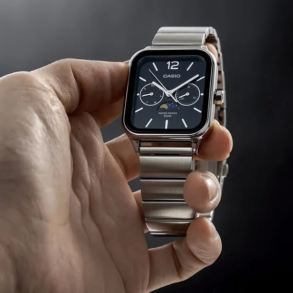 Casio MTP-M305D-1A férfi karóra, acél szíj, fekete számlap, WR50, holdfázis