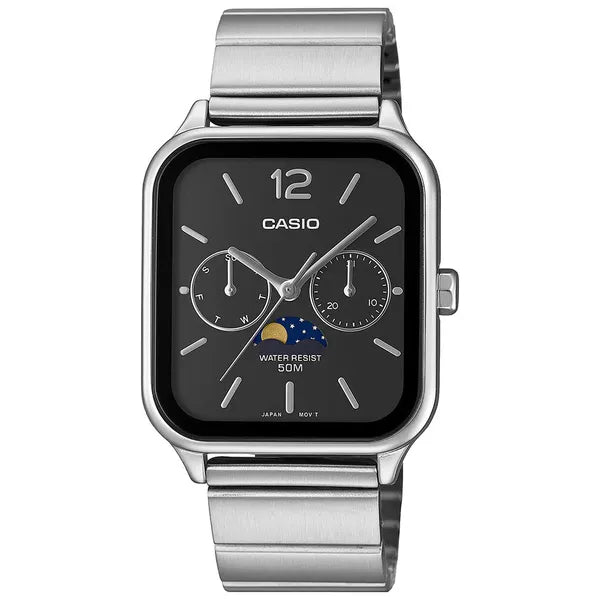Casio MTP-M305D-1A férfi karóra, acél szíj, fekete számlap, WR50, holdfázis