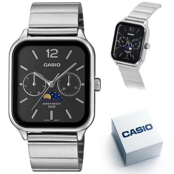 Casio MTP-M305D-1A férfi karóra, acél szíj, fekete számlap, WR50, holdfázis
