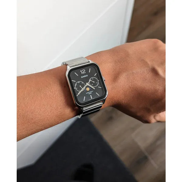 Casio MTP-M305D-1A férfi karóra, acél szíj, fekete számlap, WR50, holdfázis