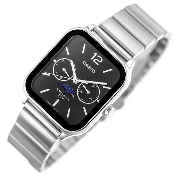Casio MTP-M305D-1A férfi karóra, acél szíj, fekete számlap, WR50, holdfázis