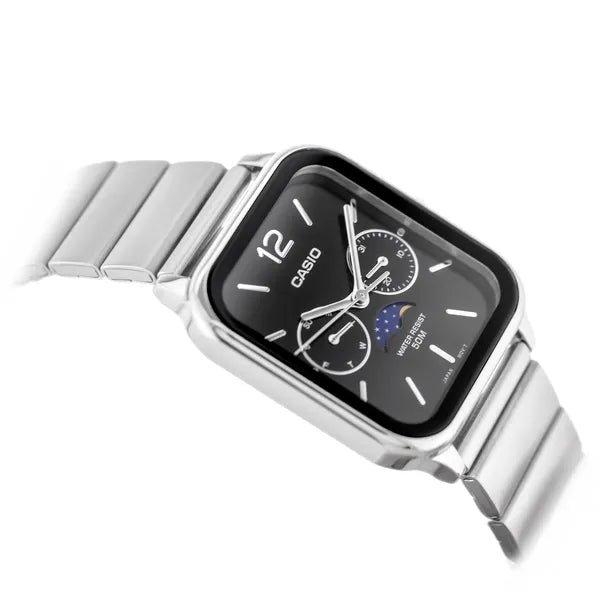 Casio MTP-M305D-1A férfi karóra, acél szíj, fekete számlap, WR50, holdfázis