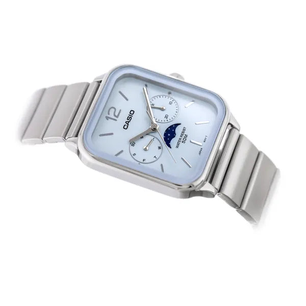 Casio MTP-M305D-2A férfi karóra, kék számlap, acél szíj, holdfázis, WR50