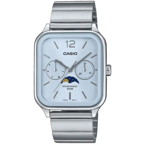 Casio MTP-M305D-2A férfi karóra, kék számlap, acél szíj, holdfázis, WR50