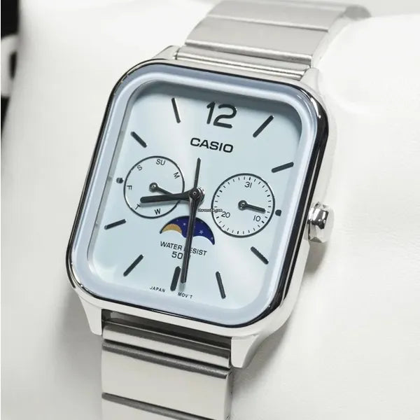 Casio MTP-M305D-2A férfi karóra, kék számlap, acél szíj, holdfázis, WR50