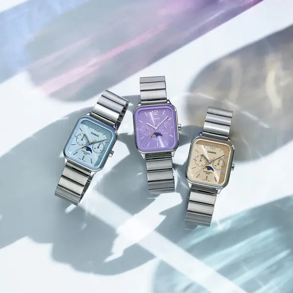 Casio MTP-M305D-2A férfi karóra, kék számlap, acél szíj, holdfázis, WR50