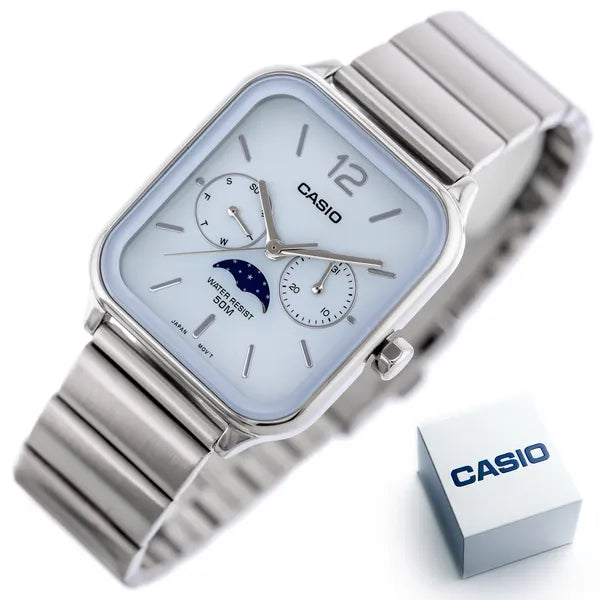 Casio MTP-M305D-2A férfi karóra, kék számlap, acél szíj, holdfázis, WR50