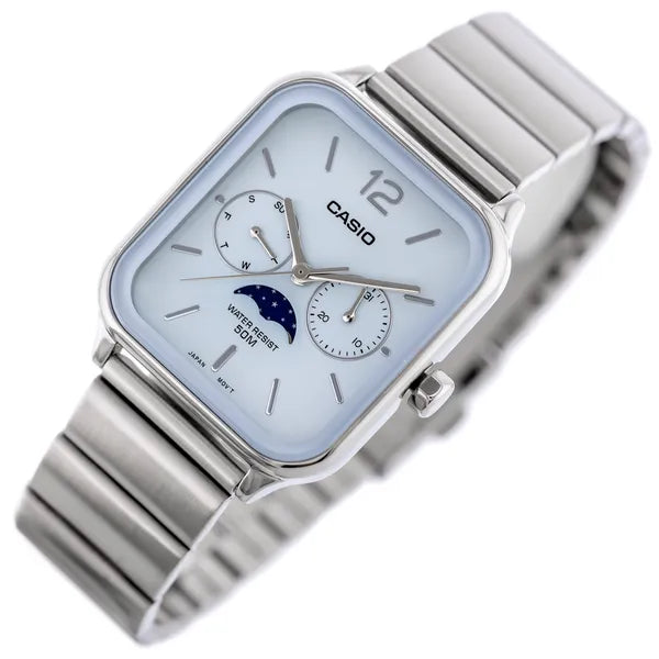 Casio MTP-M305D-2A férfi karóra, kék számlap, acél szíj, holdfázis, WR50