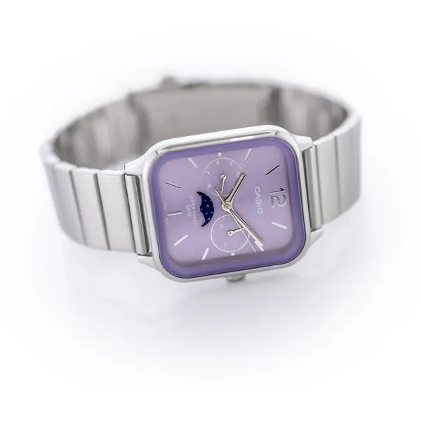 Casio férfi karóra MTP-M305D-6A, acél szíj, lila számlap, dátum/holdfázis, WR50