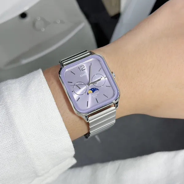 Casio férfi karóra MTP-M305D-6A, acél szíj, lila számlap, dátum/holdfázis, WR50
