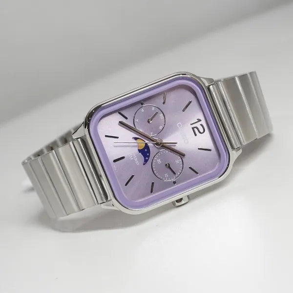 Casio férfi karóra MTP-M305D-6A, acél szíj, lila számlap, dátum/holdfázis, WR50