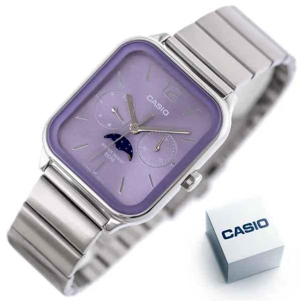 Casio férfi karóra MTP-M305D-6A, acél szíj, lila számlap, dátum/holdfázis, WR50