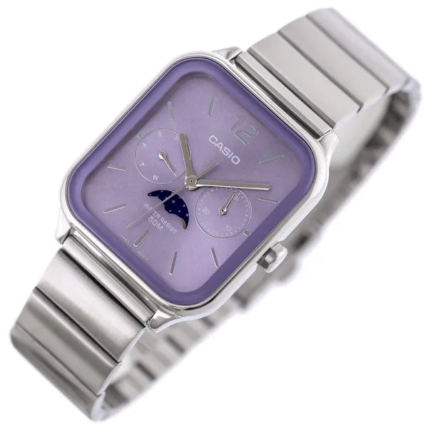 Casio férfi karóra MTP-M305D-6A, acél szíj, lila számlap, dátum/holdfázis, WR50