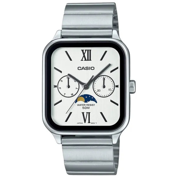 Casio MTP-M305D-7A2 férfi karóra, acél szíj, fehér számlap, WR50, holdfázis