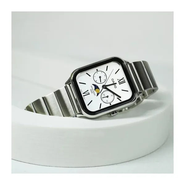 Casio MTP-M305D-7A2 férfi karóra, acél szíj, fehér számlap, WR50, holdfázis