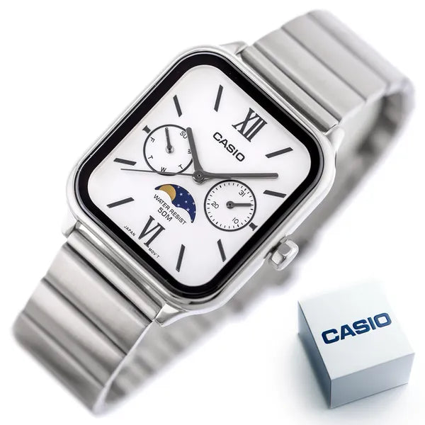 Casio MTP-M305D-7A2 férfi karóra, acél szíj, fehér számlap, WR50, holdfázis