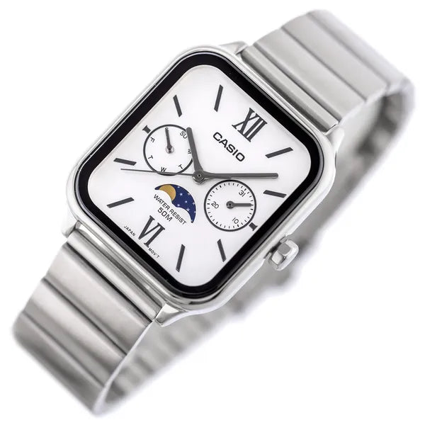 Casio MTP-M305D-7A2 férfi karóra, acél szíj, fehér számlap, WR50, holdfázis