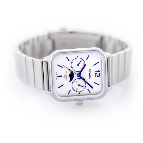 Casio MTP-M305D-7AVDF férfi karóra, acél, fehér számlap, WR50, holdfázis