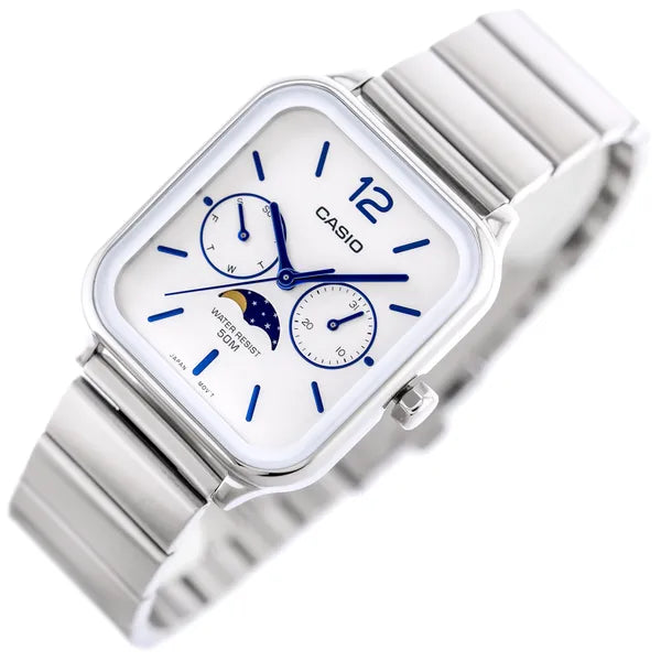 Casio MTP-M305D-7AVDF férfi karóra, acél, fehér számlap, WR50, holdfázis